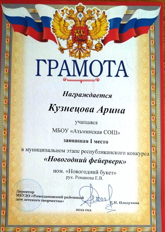 Кузнецова А. 1-е место в муниципальном этапе конкурса &quot;Новогодний фейерверк&quot;.